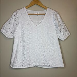 Draper James White Eyelet V-Neck Blouse